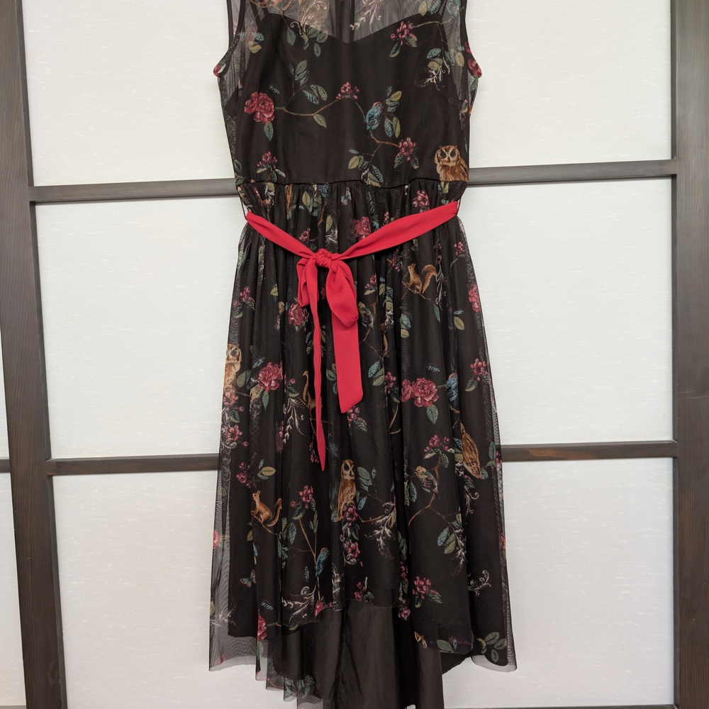 Kohl's Lauren Conrad Black Dress Size 2 Owl Squirrel Print Red Bow Work / Casual
